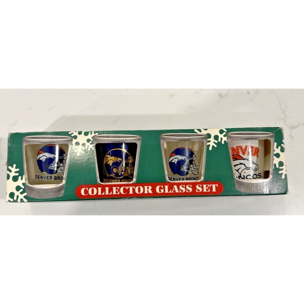 HUNTER Fan Collector Glasses (4 in Set) Denver Bronco's NFL 4 Shot Glass NIB‎